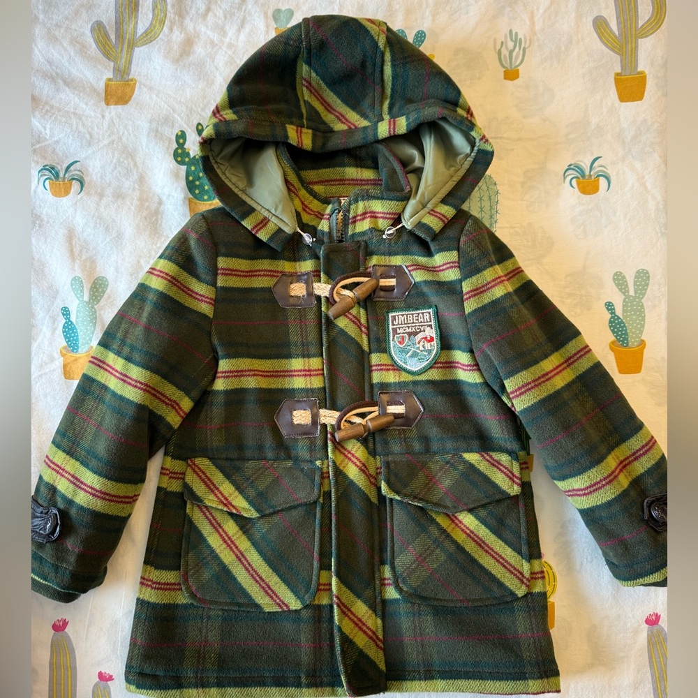 JM Bear Green Plaid Toggle Kid Coat - size 4